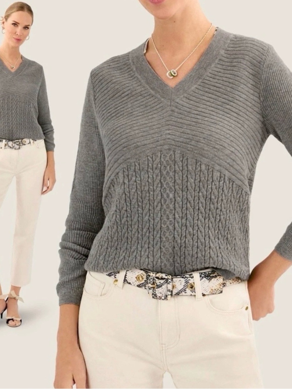 CAbi No Doubt Pullover Gray V-Neck Mixed Rib & Cable Knit Sweater